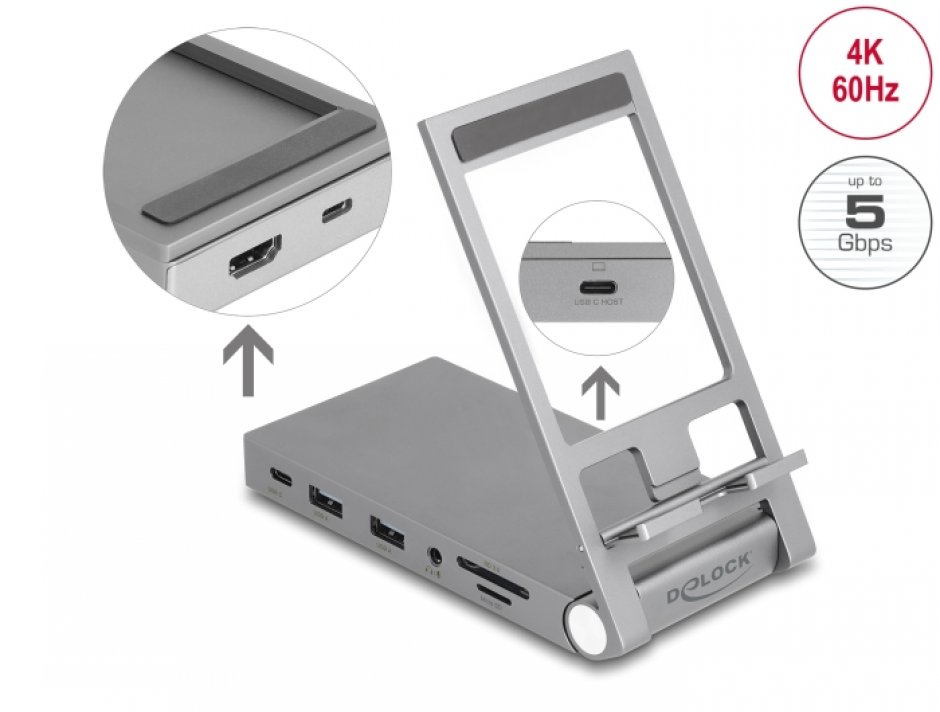 Docking station USB type C la HDMI/USB/Hub/ SD+Micro SD PD 3.0 60W + stand, Delock 88199